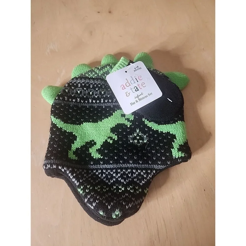 Addie & Tate Baby Boy Size 9-18 months Black & Green Dinosaur Hat & Mittens Set